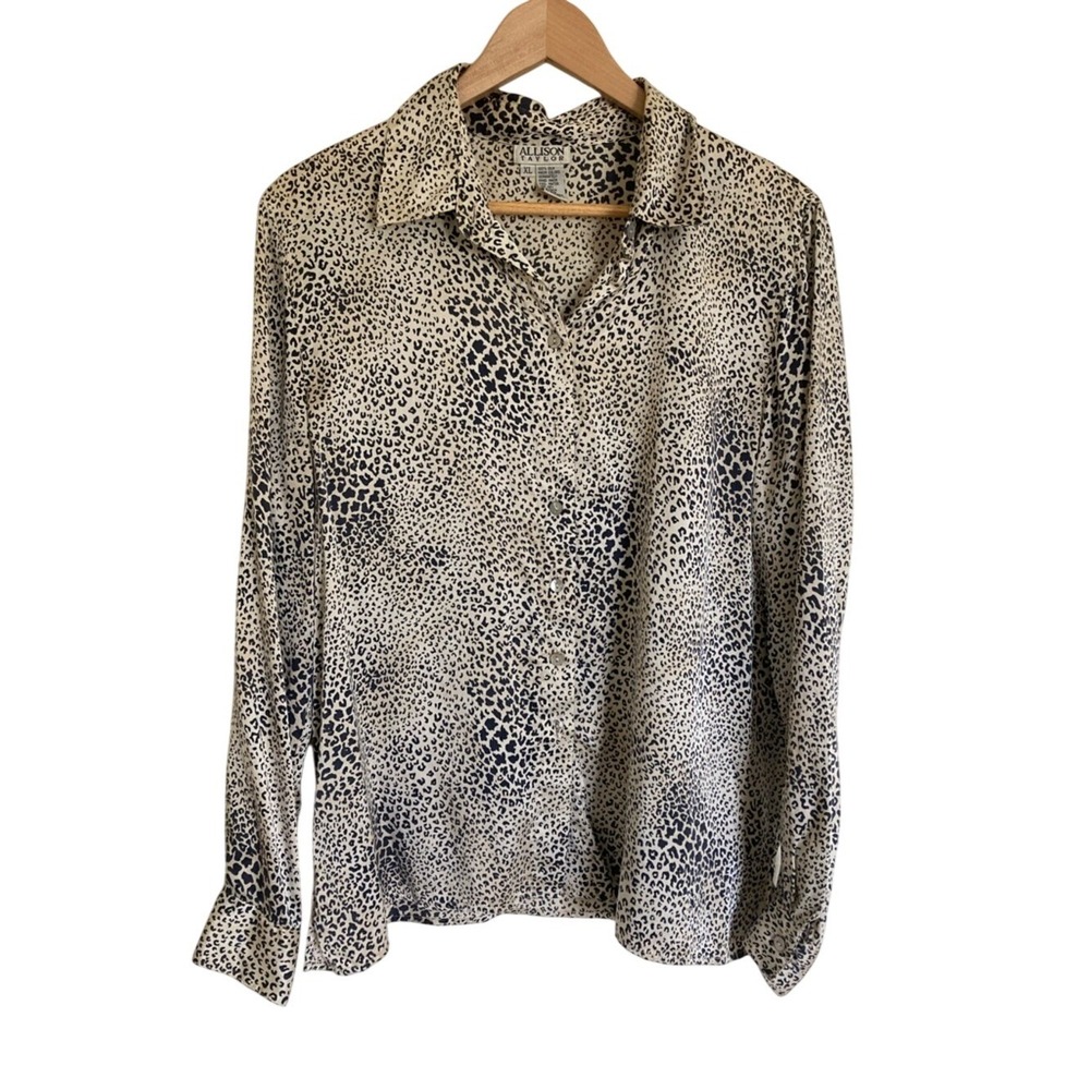 Allison‎ Taylor Womens Animal Print Silk Button-Up Blouse Size XL Black Cream